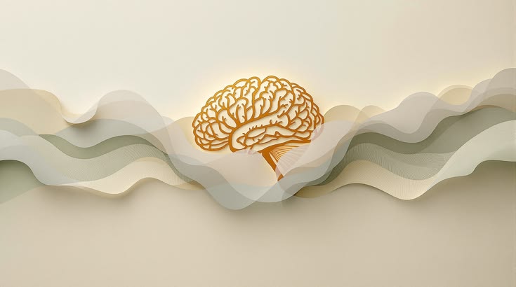 Ilustración de un cerebro dorado sobre ondas suaves en tonos verde y marfil